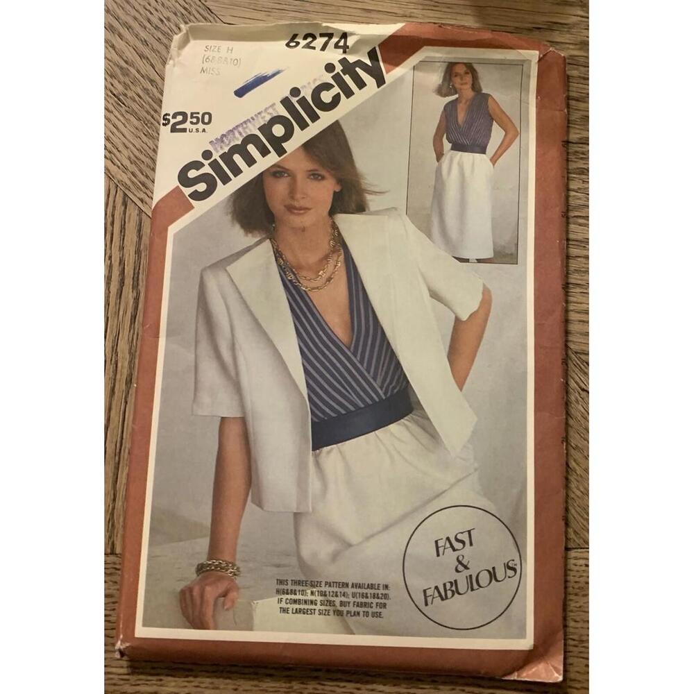 VTG S 6274 SEW PATTERN MS DRESS SLIM SKIRT SLIT SURPLICE BODICE JACKET  6-10 UC